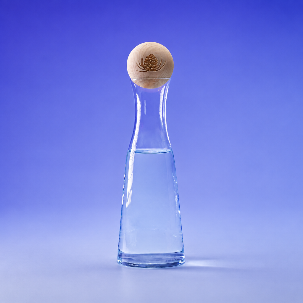 Wasserkaraffe aus Glas mit Engadiner Arvenholzkugel, quadratisches Produktfoto