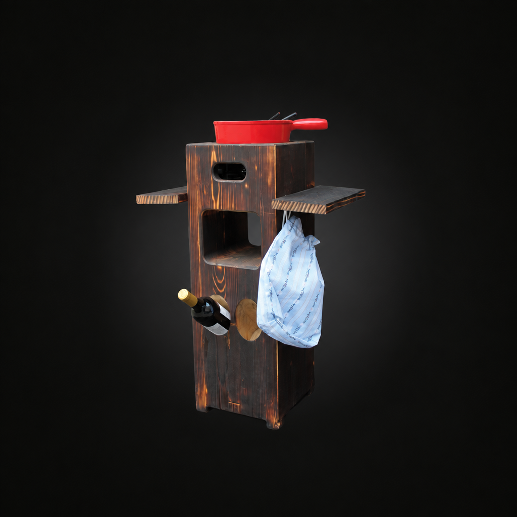 Fondue-Holzklotz Blacky mit unveränderten Produktdimensionen und quadratisch erweitertem Hintergrund