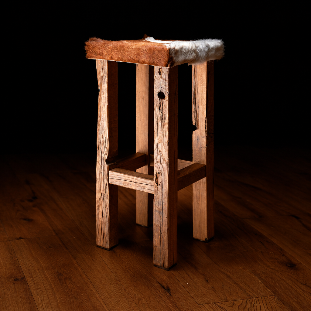 Barhocker Mitgelo aus Eiche-Altholz mit Kuhfell-Sitz, quadratisches Produktfoto