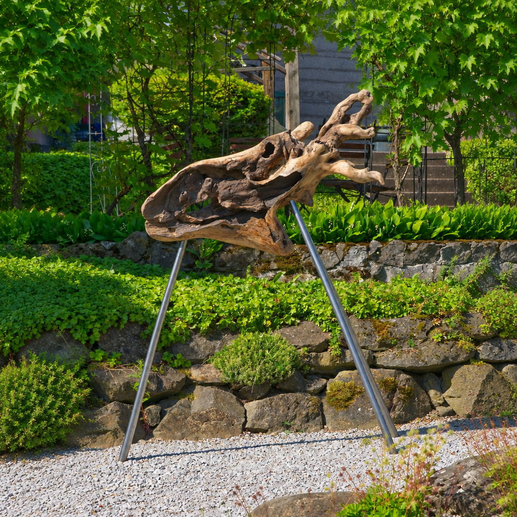 Skulptur Trojanisches Pferd Fisch mit unveränderten Produktdimensionen und quadratisch erweitertem Hintergrund