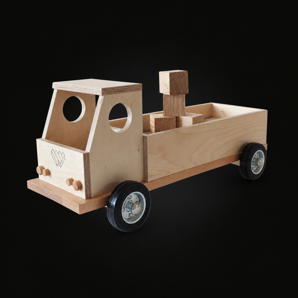 Holz-LKW Lasti mit Bauklötzen, quadratisches Produktfoto