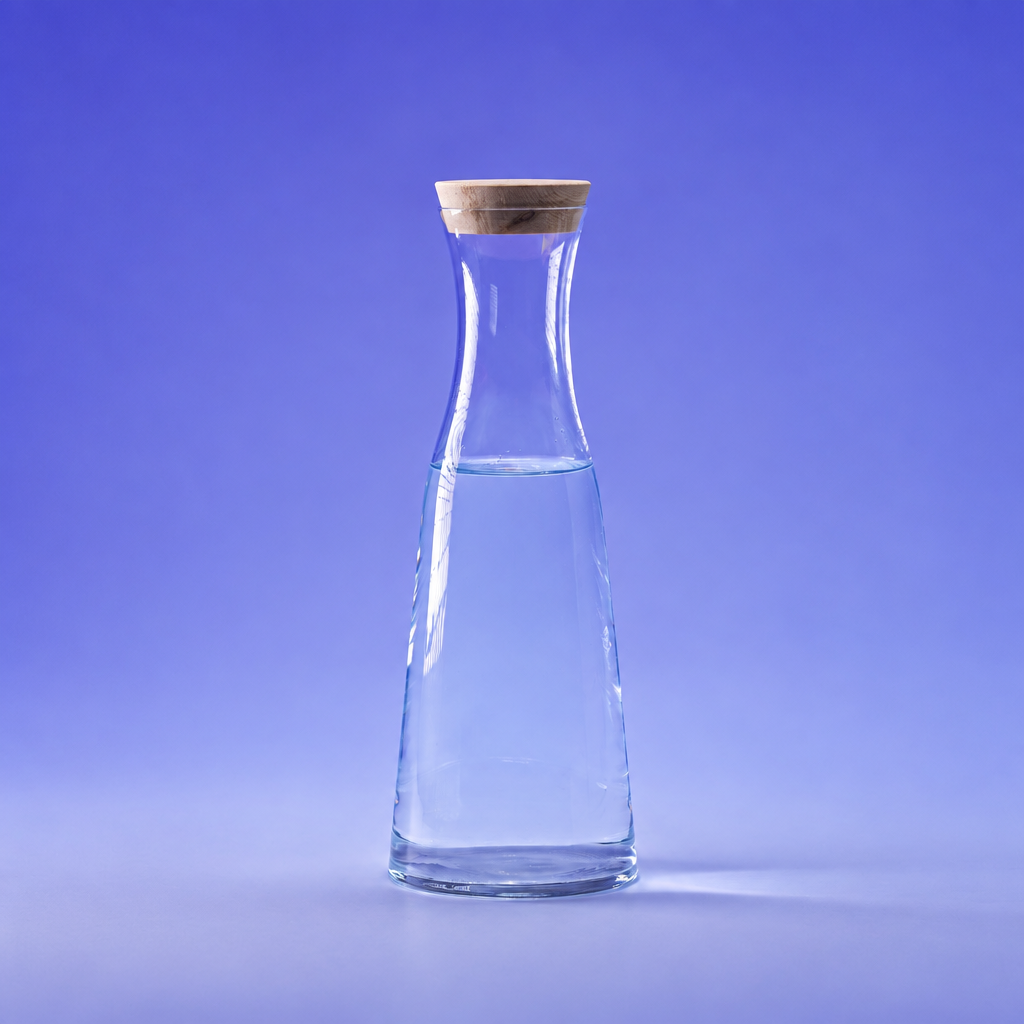 Wasserkaraffe aus Glas mit Schweizer Arvenholzkonus, quadratisches Produktfoto